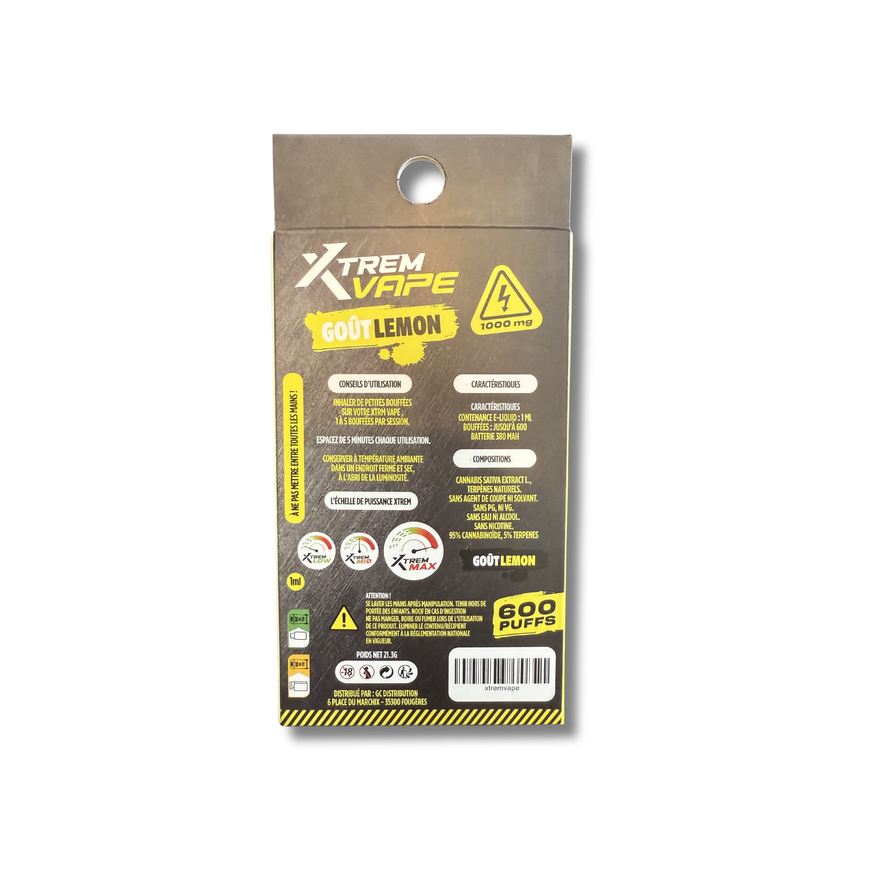 Xtrem Vape - Gout Lemon - 1000MG - 600 puffs - Sans THC (No-cannabino Cdelafrappe Xtrem Vape - Gout Lemon - 1000MG - 600 puffs - Sans THC (No-cannabino Cdelafrappe